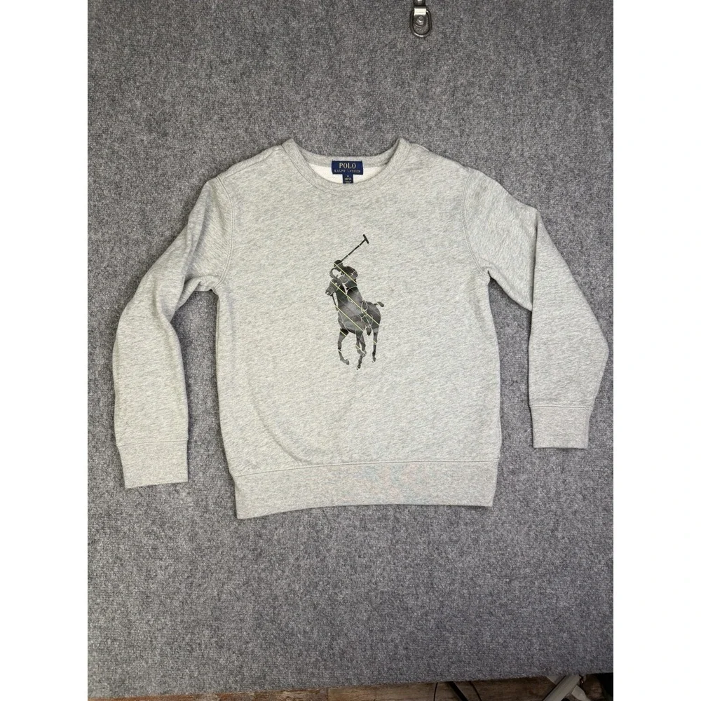 Boys Polo Ralph Lauren Gray Big Pony Logo Pullover Sweatshirt Size Medium (10-12